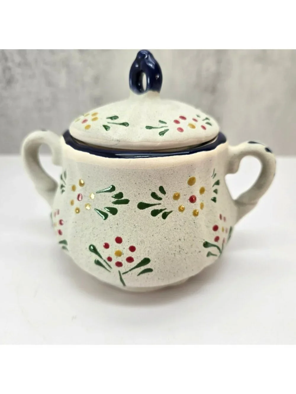 Vintage Floral Ceramic Sugar Bowl With Lid Two Handles Painted Dots CM2351
